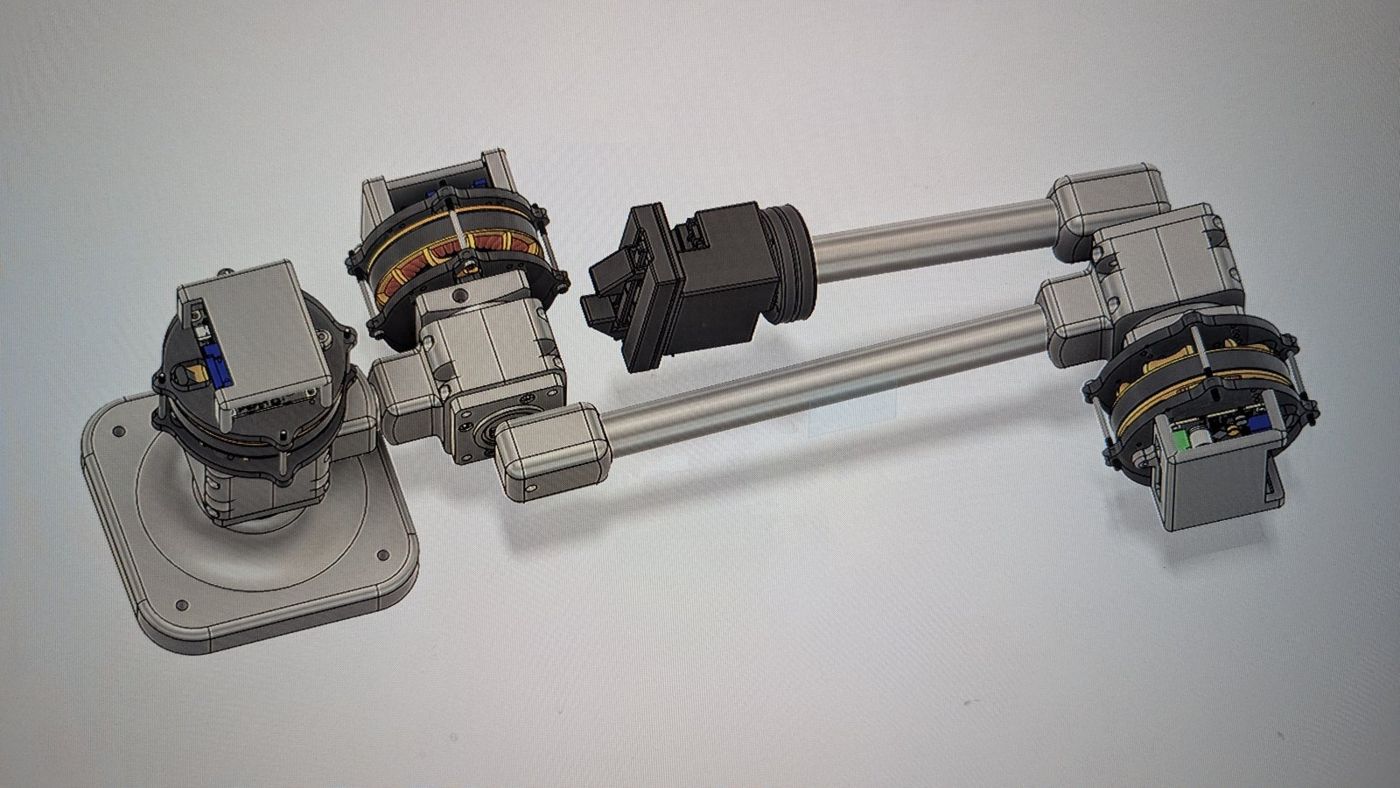 CAD model of the Romulus M2 arm with brushless joint actuators at the base, shoulder and elbow and tubular links.